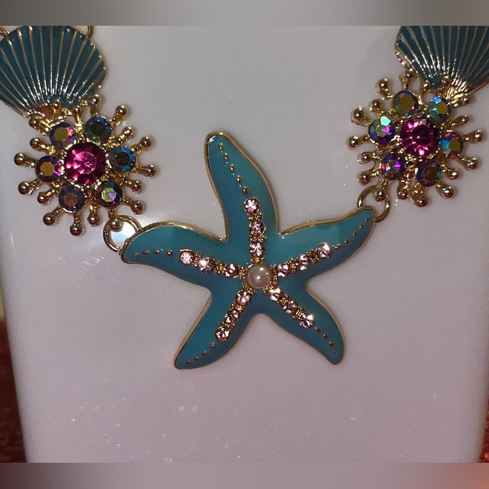 Chic Beach Turquoise Starfish Rhinestone Pearl Mermaid Seashell Necklace NEW! - Picture 4 of 7